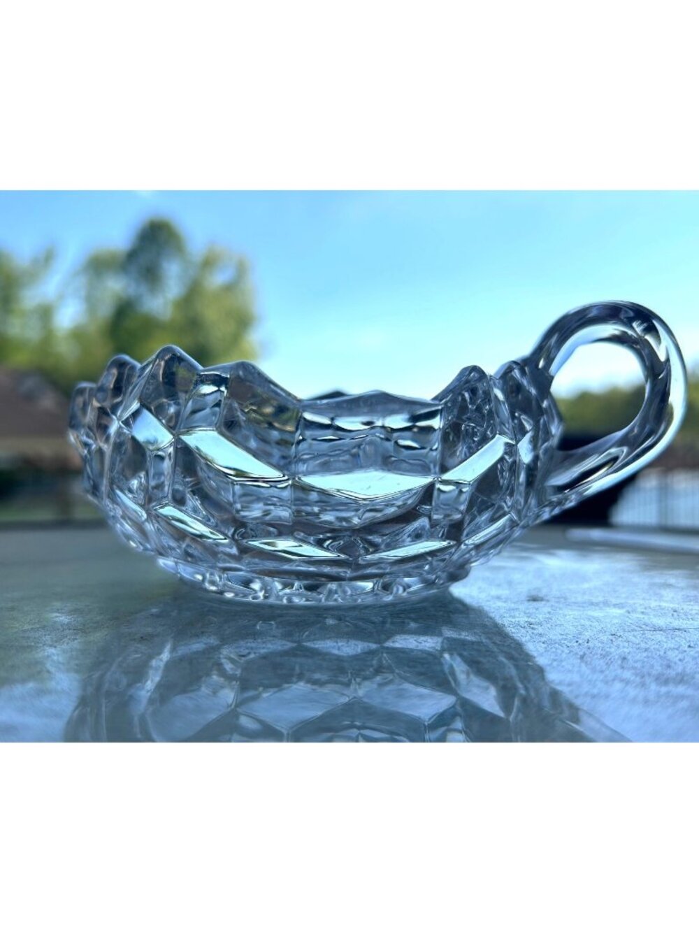 Vintage American Fostoria Three Sided Handled 5.5" Candy Dish Bowl Elegant Glass